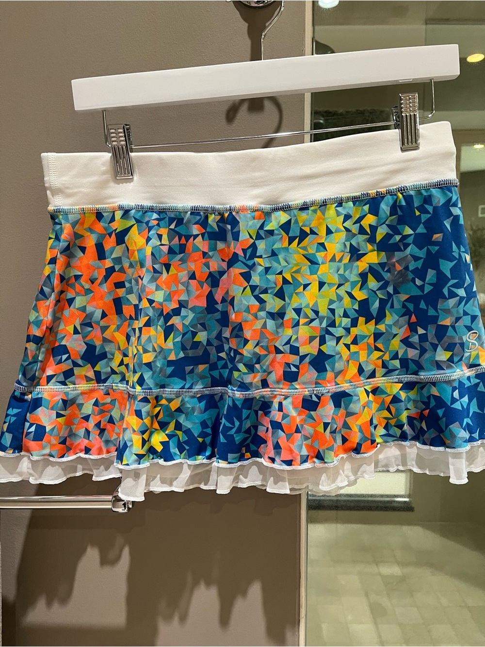 Multicolor Geometric Ruffle Mini Skirt with White Waistband